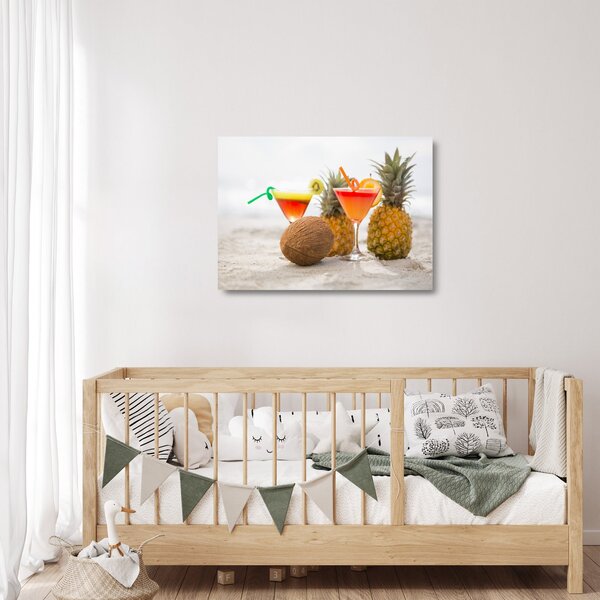 Staklena slika ananasa i čaša na plaži (70x50 cm)
