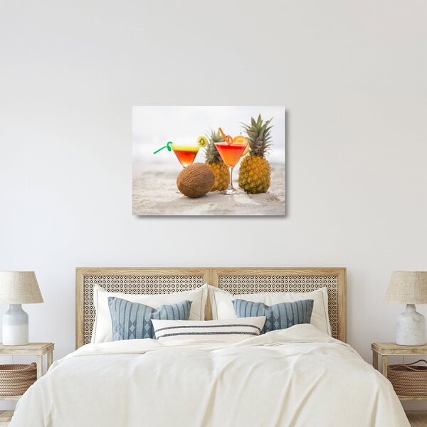 Staklena slika ananasa i čaša na plaži (70x50 cm)