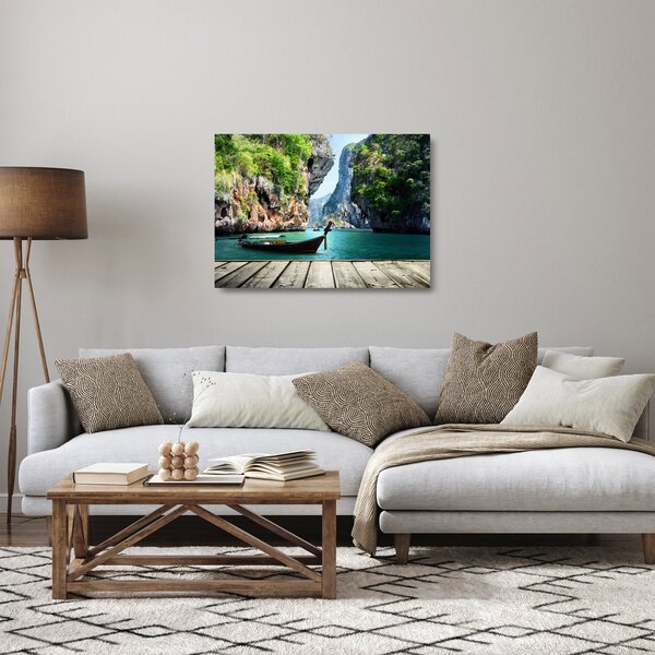 Staklena slika dugog čamca na plaži (70x50 cm)