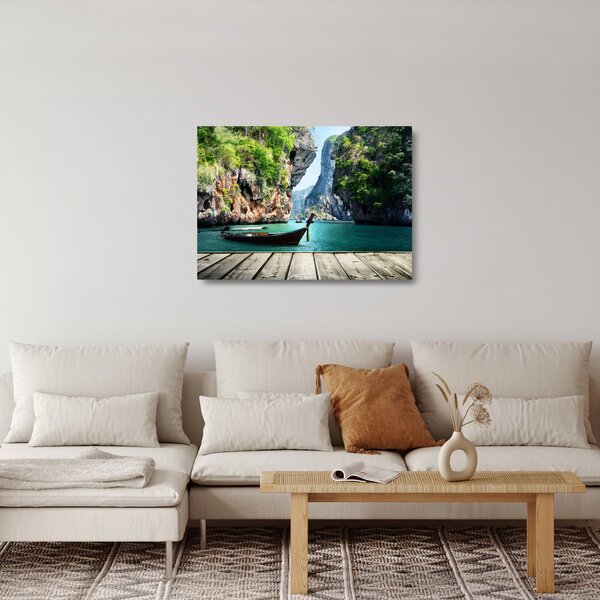 Staklena slika dugog čamca na plaži (70x50 cm)