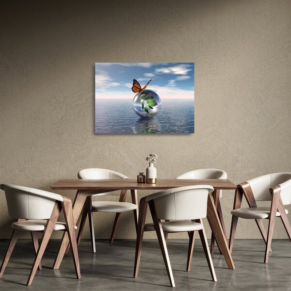 Staklena slika leptira na staklenoj kugli (70x50 cm)
