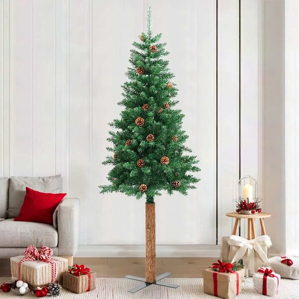 Tanko božićno drvce s pravim drvom i šiškama zeleno 210 cm PVC - 210 x 77 cm 1 Sa čunjevima 1