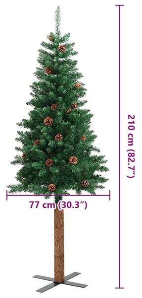 Tanko božićno drvce s pravim drvom i šiškama zeleno 210 cm PVC - 210 x 77 cm 1 Sa čunjevima 1