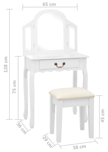 Toaletni stolić sa stolcem bijeli 65x36x128 cm paulovnija i MDF - Bijela 1 Bijela