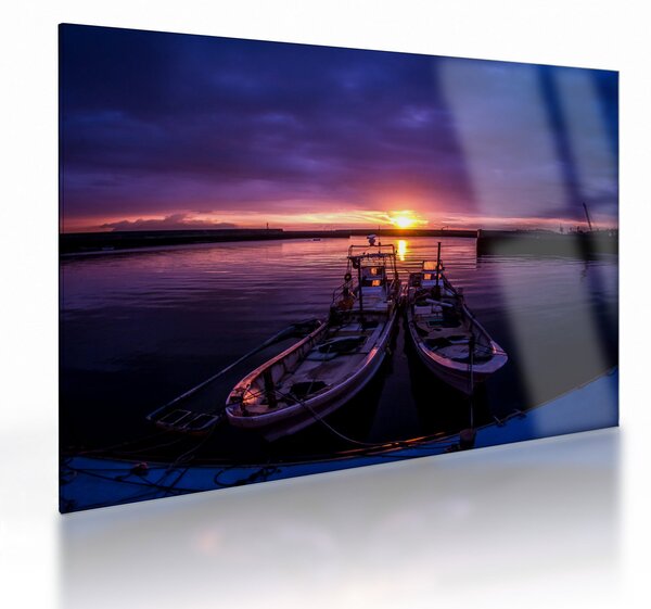 Staklena slika ribarskih brodova u luci (70x50 cm)