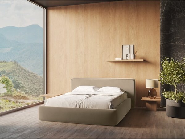 Svjetlo smeđi tapecirani bračni krevet s prostorom za odlaganje s podnicom 160x200 cm Kiana – Makamii