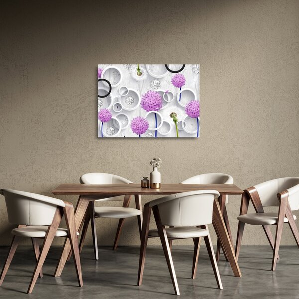3D staklena slika apstrakcije s krugovima i cvijećem (70x50 cm)