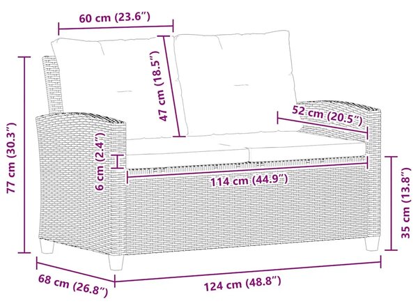 Vrtni dvosjed s jastucima crni 124 cm od poliratana - Crna 1 Crna