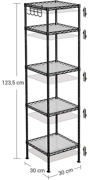 Metalna polica na 5 razina s kukama, nosivosti 100kg, 30x30x123,5 cm, crna | SONGMICS