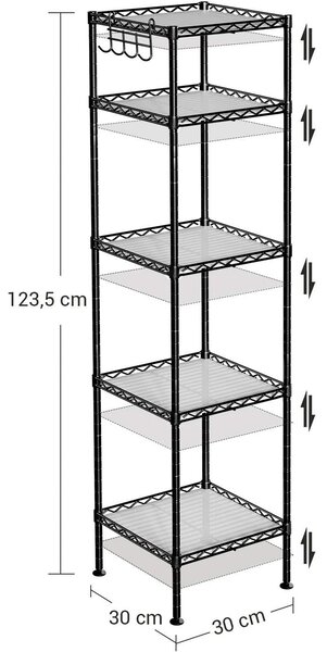Metalna polica na 5 razina s kukama, nosivosti 100kg, 30x30x123,5 cm, crna | SONGMICS