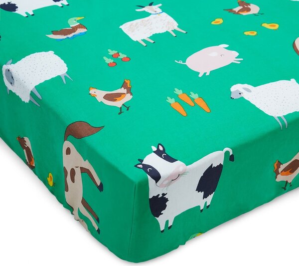 Zelena dječja plahta s gumom za krevet za jednu osobu 90x190 cm Farmyard Animals – Catherine Lansfield