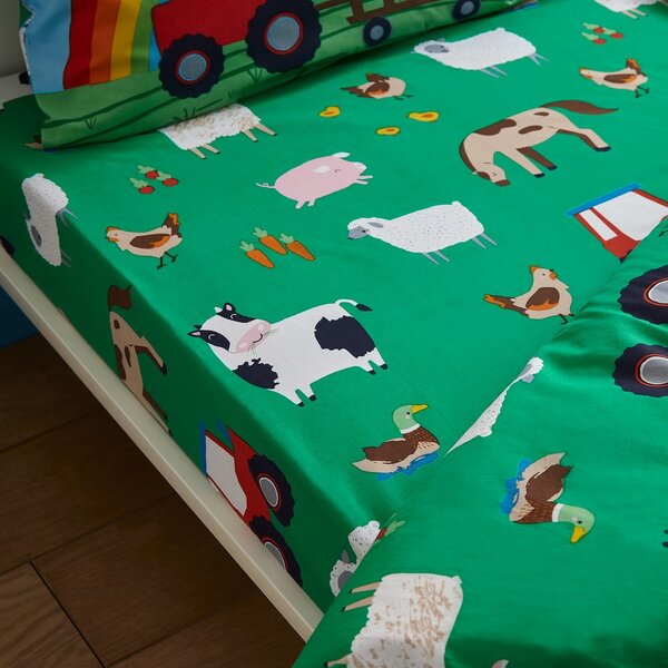 Zelena dječja plahta s gumom za krevet za jednu osobu 90x190 cm Farmyard Animals – Catherine Lansfield