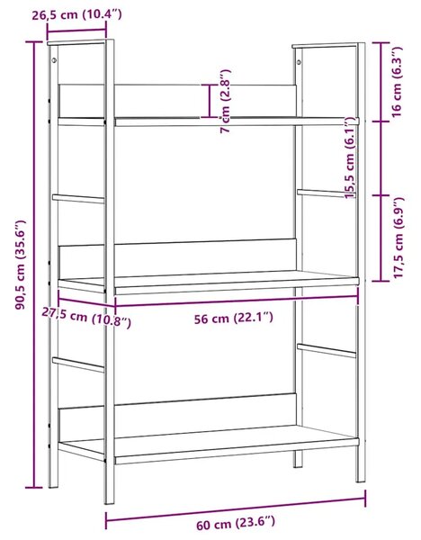Police za knjige s 3 razine boja hrasta 60x27 6x90 5 cm drvene - boja hrasta i crna 1 90.5 cm Boja hrasta i crna