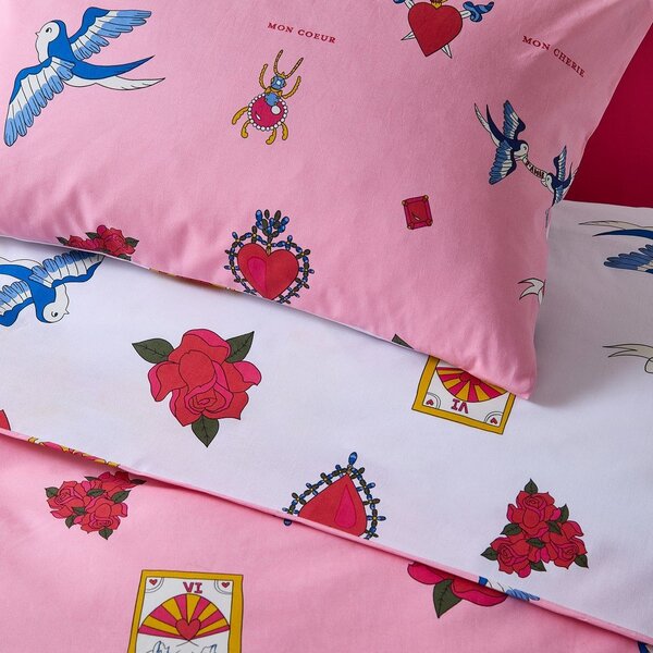Bijela/ružičasta pamučna posteljina za bračni krevet 200x200 cm Mon Coeur – Their Nibs