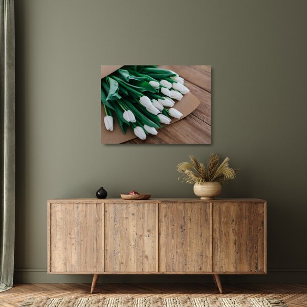 Staklena slika buketa bijelih tulipana (70x50 cm)