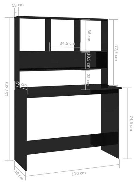 Radni stol s policama visoki sjaj crni 110x45x157 cm iverica - visoko sjajno crna Visoko sjajno crna