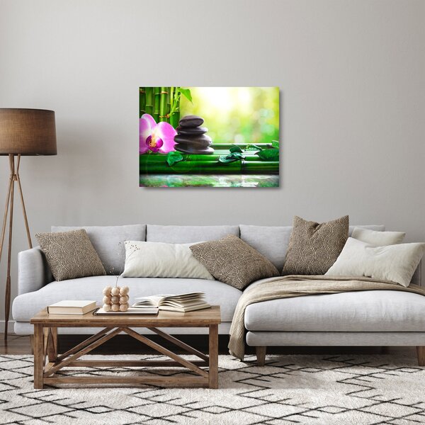 Staklena slika kamenja za masažu i orhideja na vodi (70x50 cm)