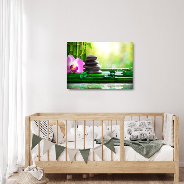 Staklena slika kamenja za masažu i orhideja na vodi (70x50 cm)