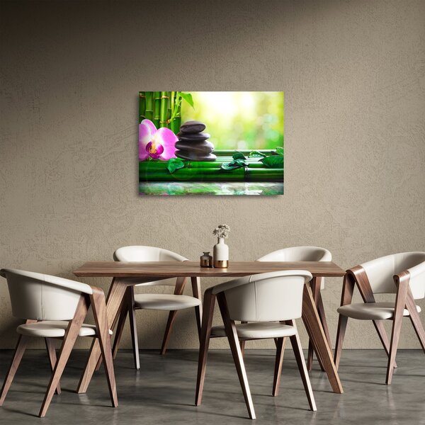 Staklena slika kamenja za masažu i orhideja na vodi (70x50 cm)