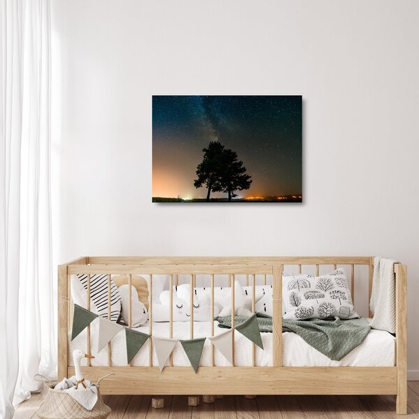 Staklena slika noćnog neba s drvećem (70x50 cm)