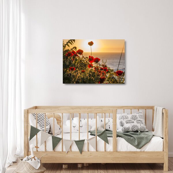 Staklena slika zalaska sunca s makovima (70x50 cm)