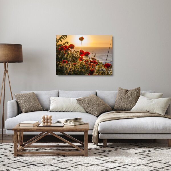 Staklena slika zalaska sunca s makovima (70x50 cm)