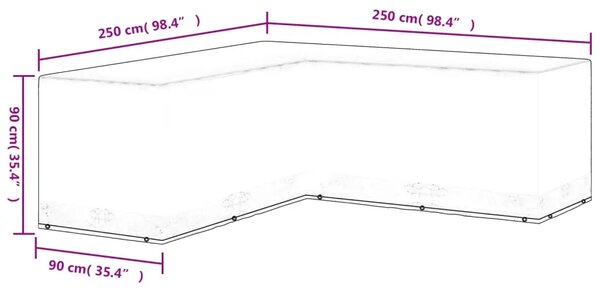 Navlaka za vrtni namještaj u L-obliku s 12 ušica 250x250x90 cm - 250 x 250 x 90 cm 1 250 x 250 x 90 cm 1