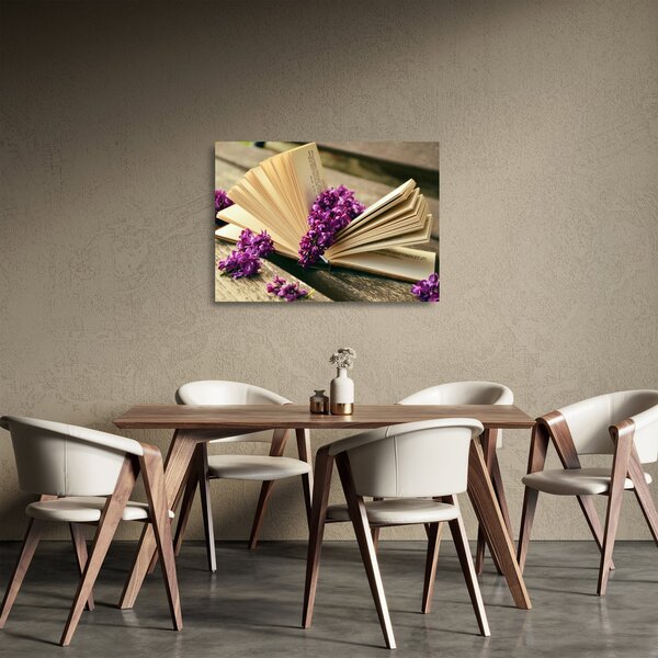 Staklena slika knjige i ljubičastog cvijeća (70x50 cm)