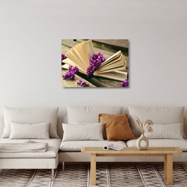 Staklena slika knjige i ljubičastog cvijeća (70x50 cm)