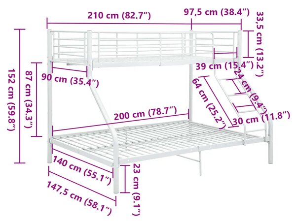 Okvir za krevet na kat bijeli metalni 140 x 200 / 90 x 200 cm - Bijela Ne Bijela