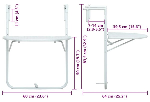 Viseći balkonski stol bijeli 60 x 64 x 83 5 cm plastični - Bijela 1 Bijela
