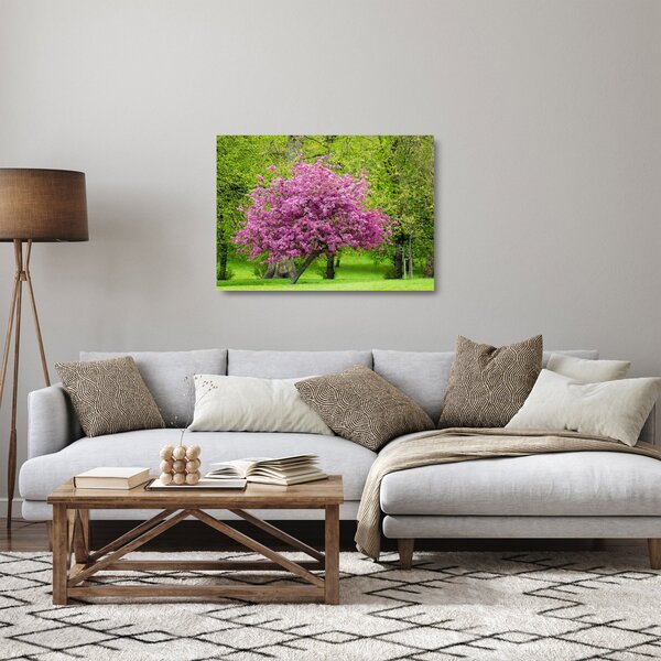 Staklena slika cvjetajućeg stabla na livadi (70x50 cm)