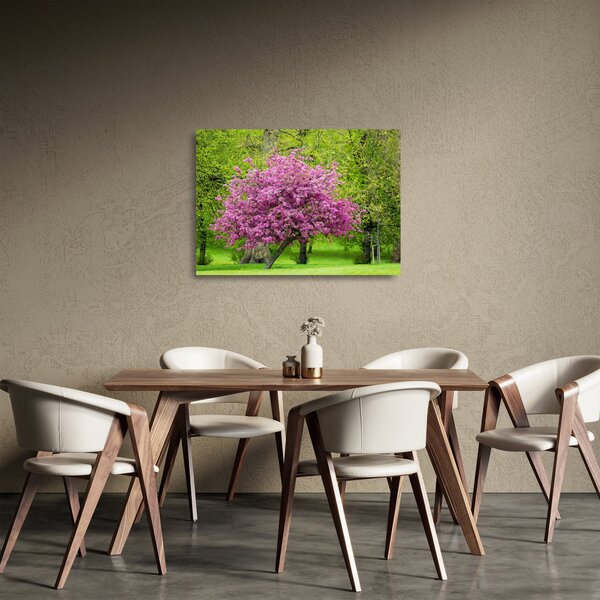 Staklena slika cvjetajućeg stabla na livadi (70x50 cm)