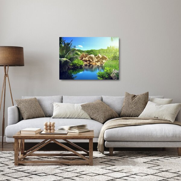 Staklena slika jezera u džungli Sejšela (70x50 cm)