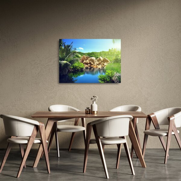 Staklena slika jezera u džungli Sejšela (70x50 cm)