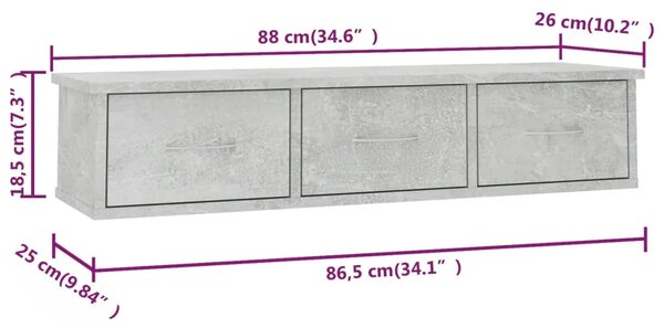 Zidna polica s ladicama 88x26x18 5 cm konstruirano drvo - Beton siva 90 cm 1 1