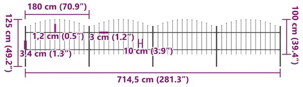 Vrtna ograda s vrhom koplja Čelik 671 x 125 cm Crna - Crna 1 671 cm 100-125 cm