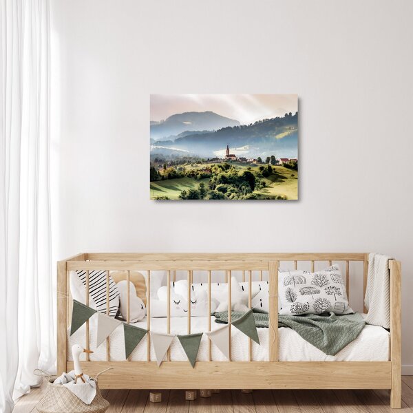 Staklena slika - selo u magli (70x50 cm)