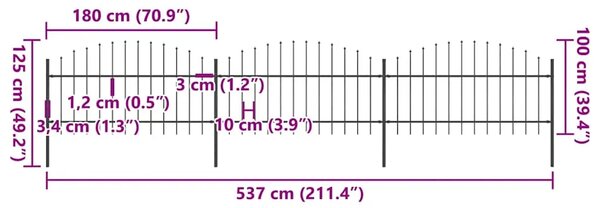 Vrtna ograda s vrhom koplja Čelik 504x125 cm Crna - Crna 1 504 cm 100-125 cm