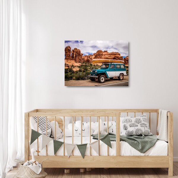 Staklena slika terenskog automobila u planinama (70x50 cm)