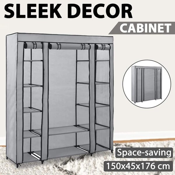 Ormar od tkanine s odjeljcima i šipkama sivi 150 x 45 x 176 cm - Siva 1 1 Siva