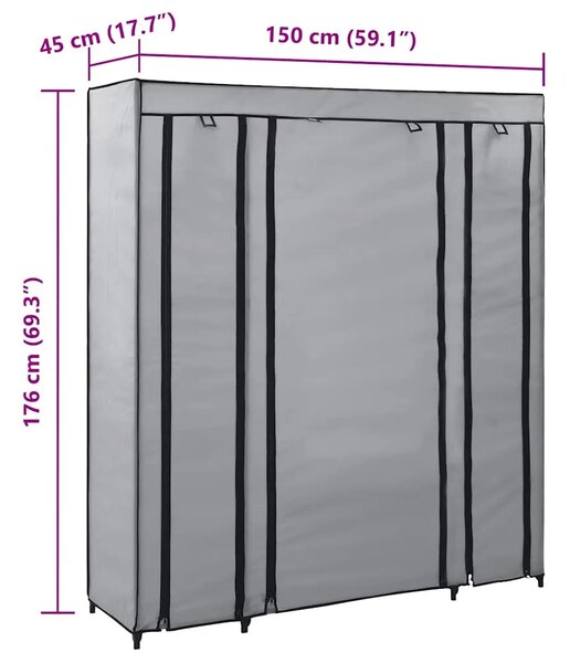 Ormar od tkanine s odjeljcima i šipkama sivi 150 x 45 x 176 cm - Siva 1 1 Siva
