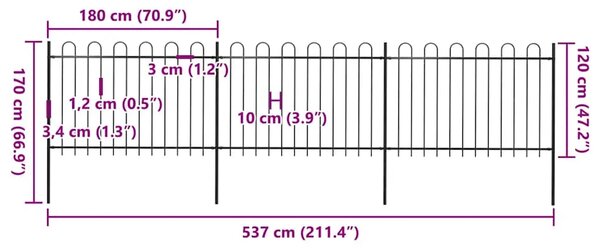 Vrtna ograda s obručem na vrhu Čelik 504 x 120 cm Crna - Crna 1 504 cm 120 cm