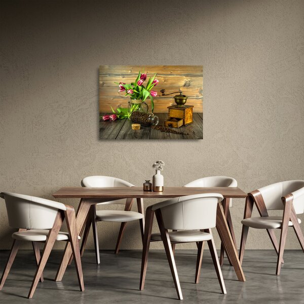 Staklena slika - tulipani, mlinac i kava (70x50 cm)