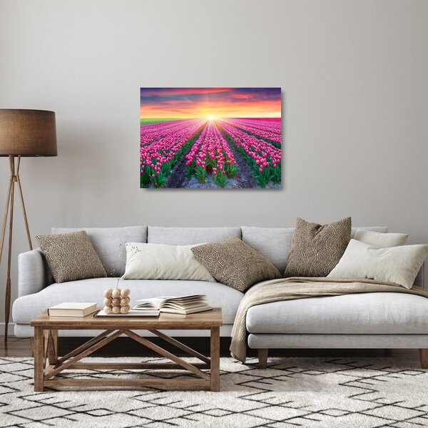 Staklena slika polja tulipana sa suncem (70x50 cm)