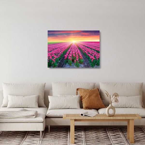 Staklena slika polja tulipana sa suncem (70x50 cm)