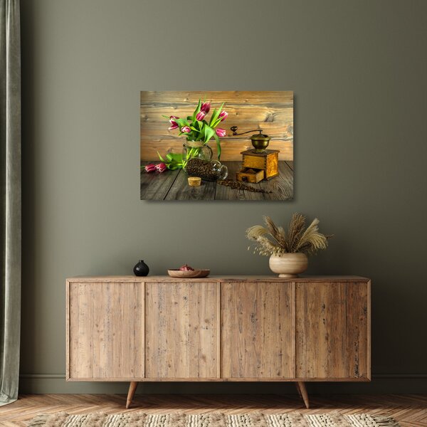 Staklena slika - tulipani, mlinac i kava (70x50 cm)