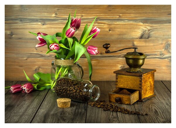 Staklena slika - tulipani, mlinac i kava (70x50 cm)