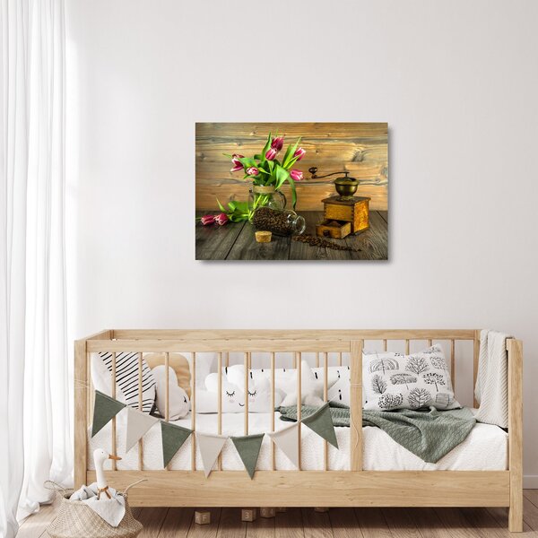 Staklena slika - tulipani, mlinac i kava (70x50 cm)