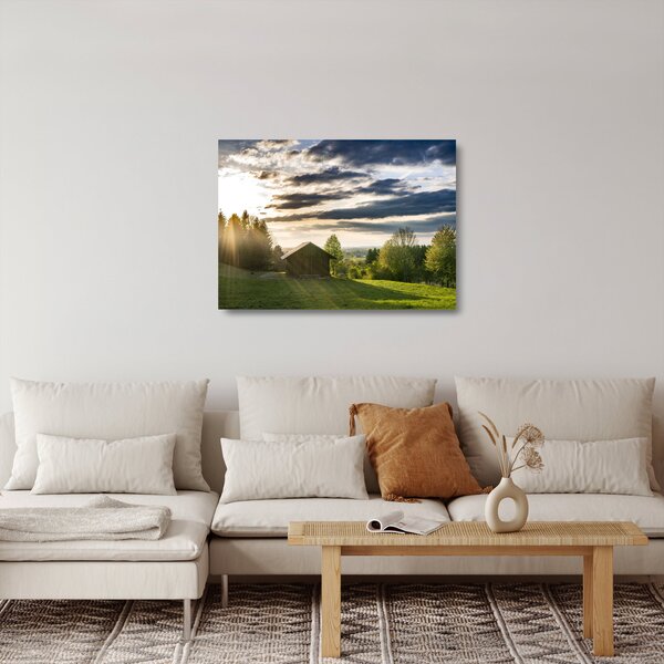 Staklena slika vikendice na livadi (70x50 cm)